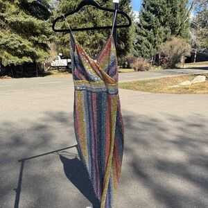 SAYLOR Rainbow Sequin Striped Slip Dress